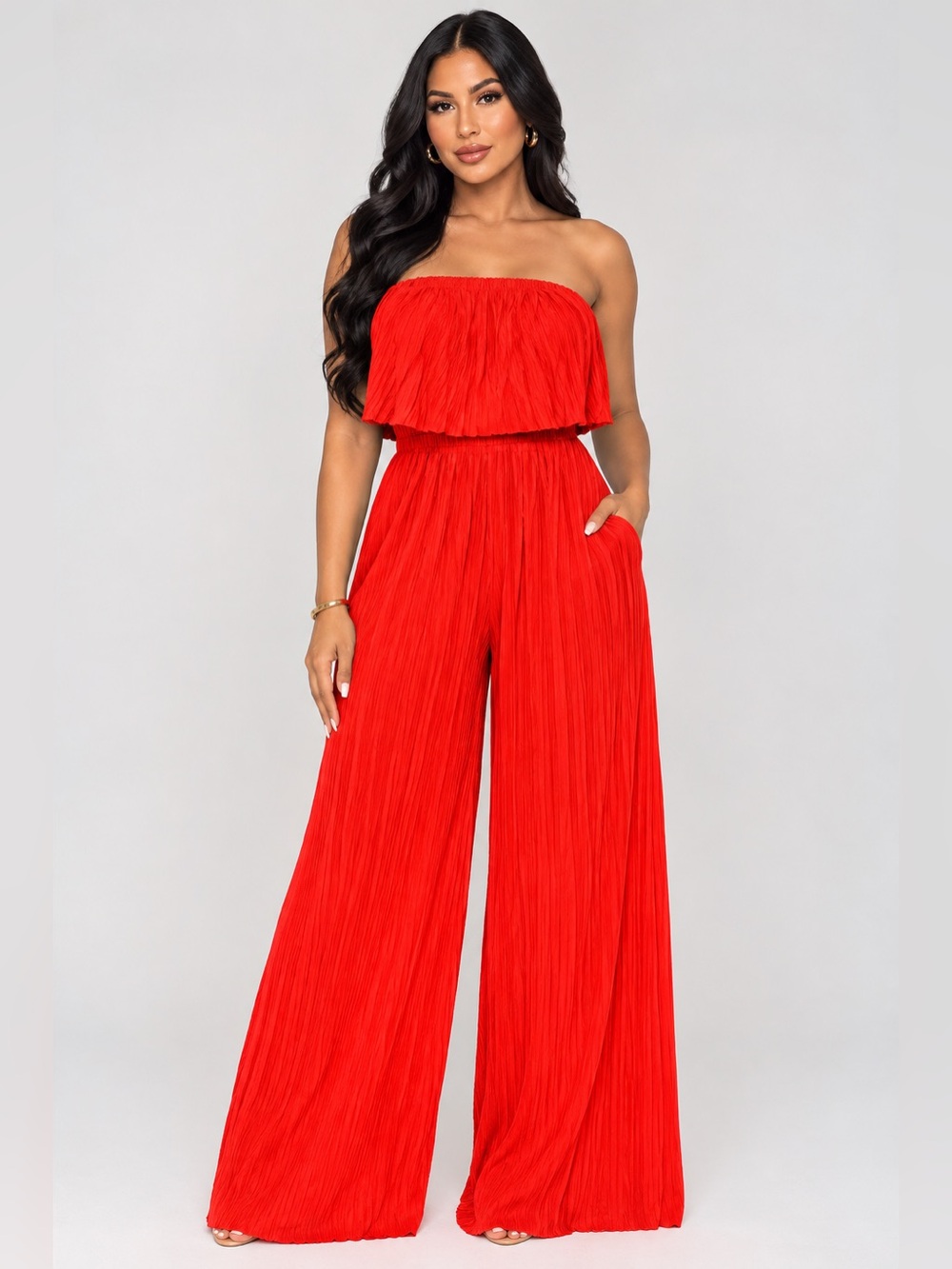 Strapless Wide-Leg Jumpsuit in Bold Red